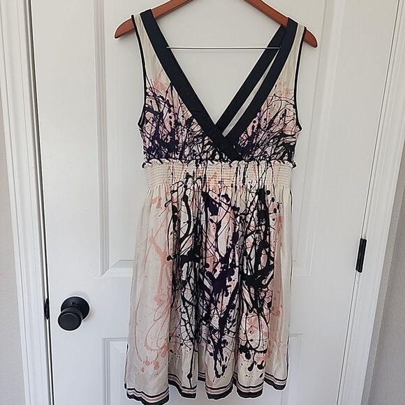 Tristan 100% Silk Dress Sheath Ruched Waist Sleeveless Paint Splatter Size M - Picture 2 of 6